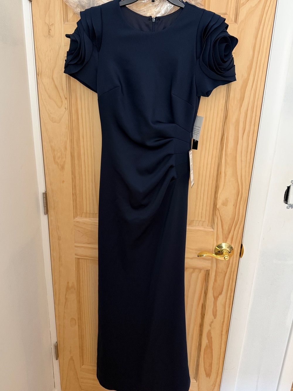 Xscape Navy Maxi Dress with Sculpted Rosette Short Sleeves